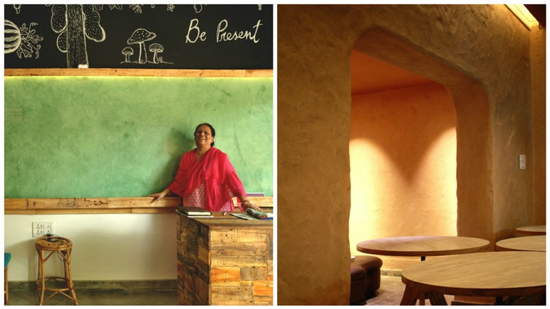 A tadelakt wall at a cafe in Mysore (left) and natural plaster on a restaurant wall in Bangalore