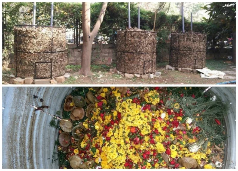 Leaf composters at Gopalan Grandeur (above) and composting of flowers and leaf plates
