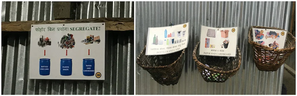 A poster at Jaubhari on segregating dry waste (left) and the segregation bins. Image: Author