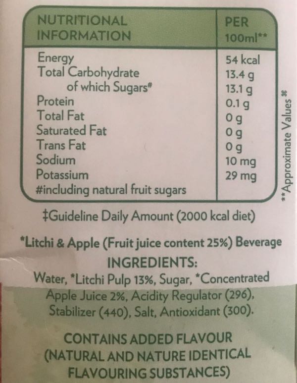 Sample packaged juice nutrition label. Image: Eartha