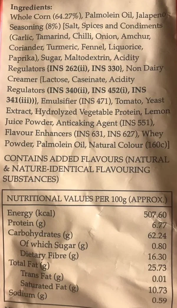 Ingredients label on a sample packet of chips. Image: Eartha
