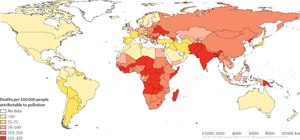 Number of deaths per 100 000 people that are attributable to all forms of pollution, 2015 Image: The Lancet