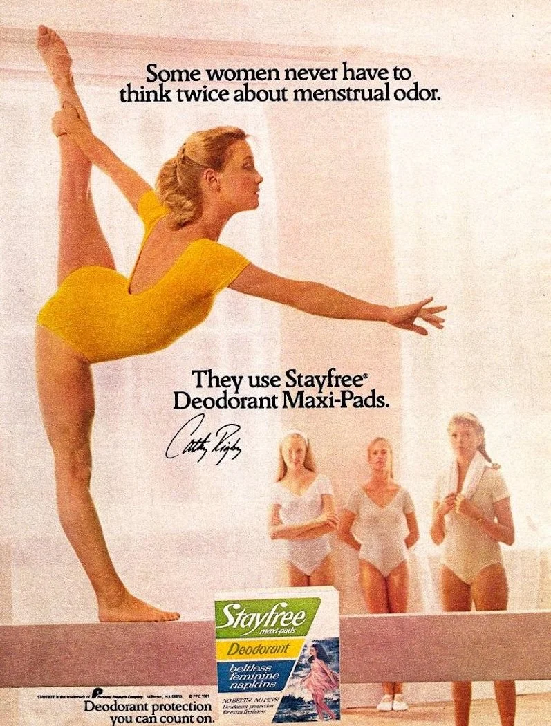 A 1982 ad for Stayfree pads. Menstrual odour is often related to plastic - backed pads that trap moisture. Source