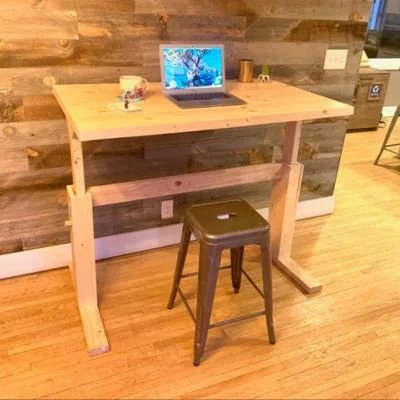 Stand, stool, sit adjustable height desk