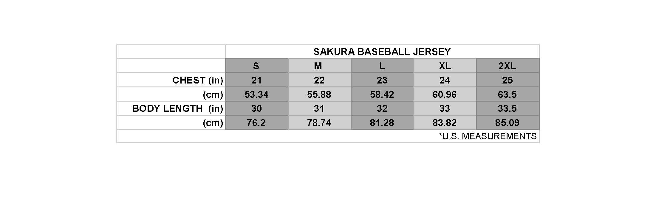 baseball jersey size chart