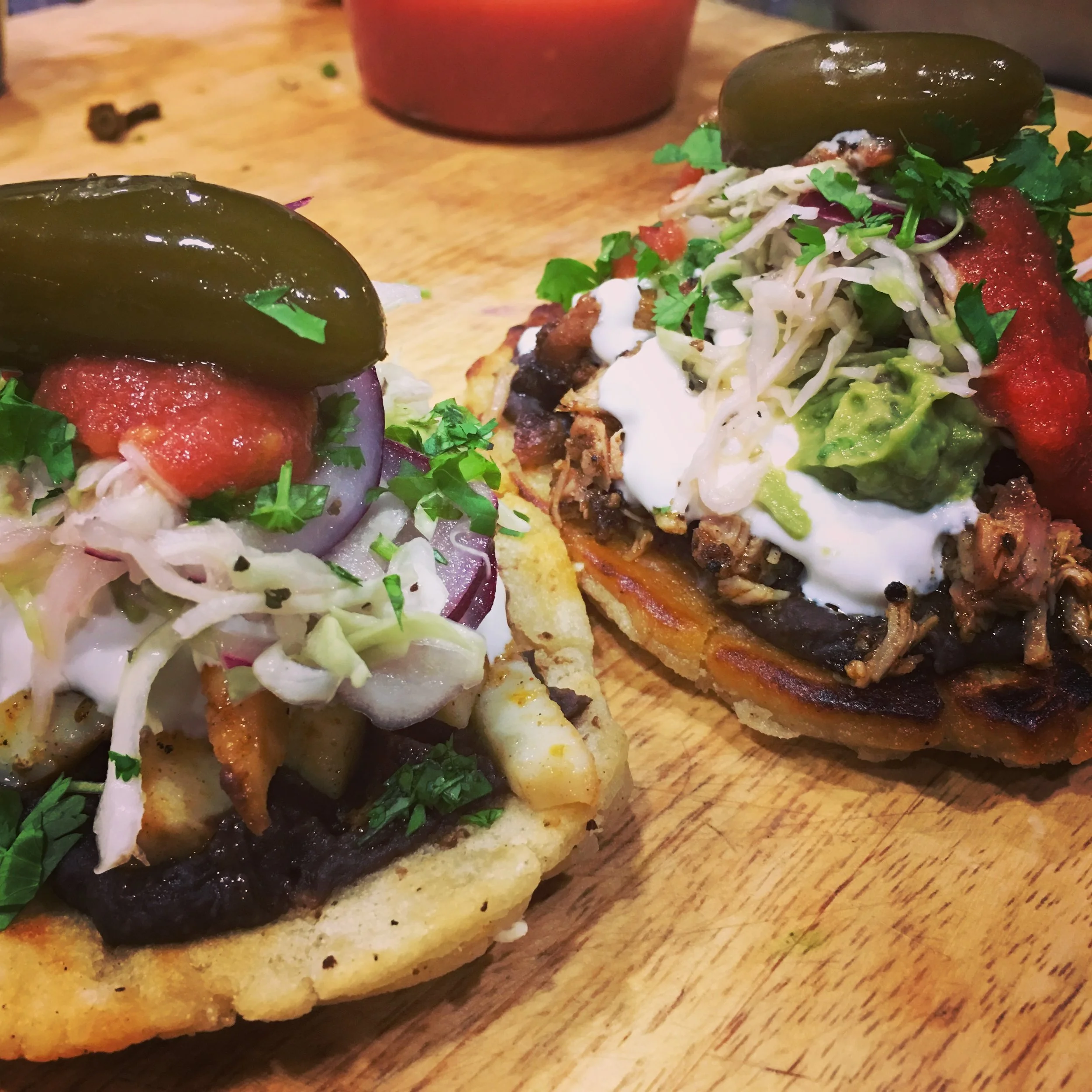 Handmade Huaraches with Chicken Adovada and Chile y Limon Calamari 