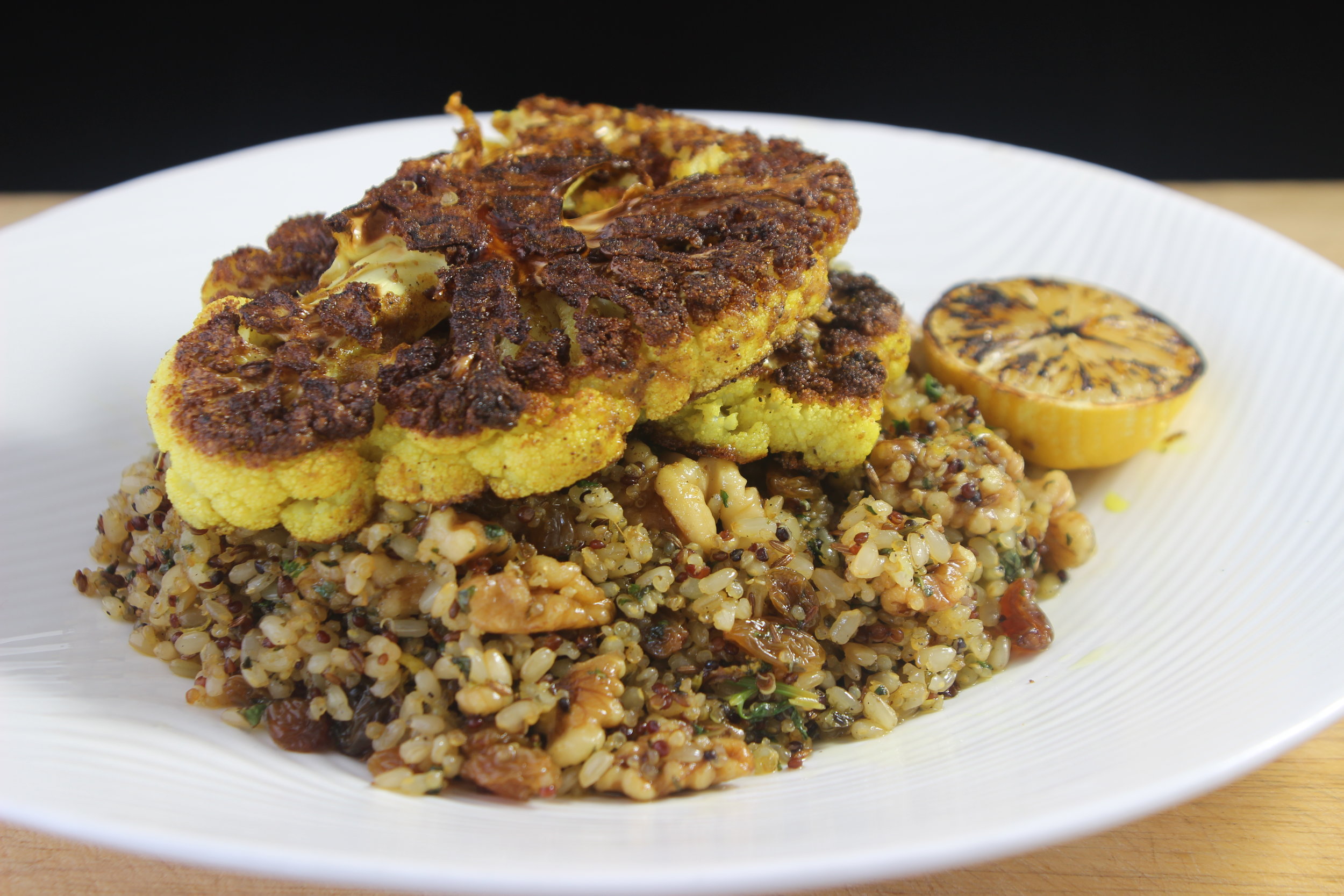Grilled Cauliflower "Steak" with Mediterranean Ancient Grain Rice Pilaf