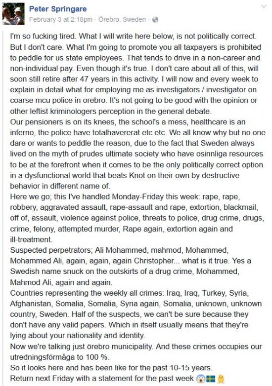 Swedish Police Officer Peter Springare laments the obvious correlation between migrants and crime and the inability for police to admit this publically. 