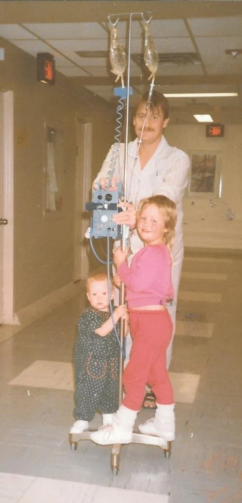 Dad, my big sister Lindsey and I riding the halls of Toronto General after one of Dad's pre-dialysis prep surgeries (1988). 