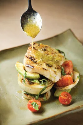 Grilled Grouper with Tomato, Avocado, Grilled Onions and lime/basil Vinaigrette