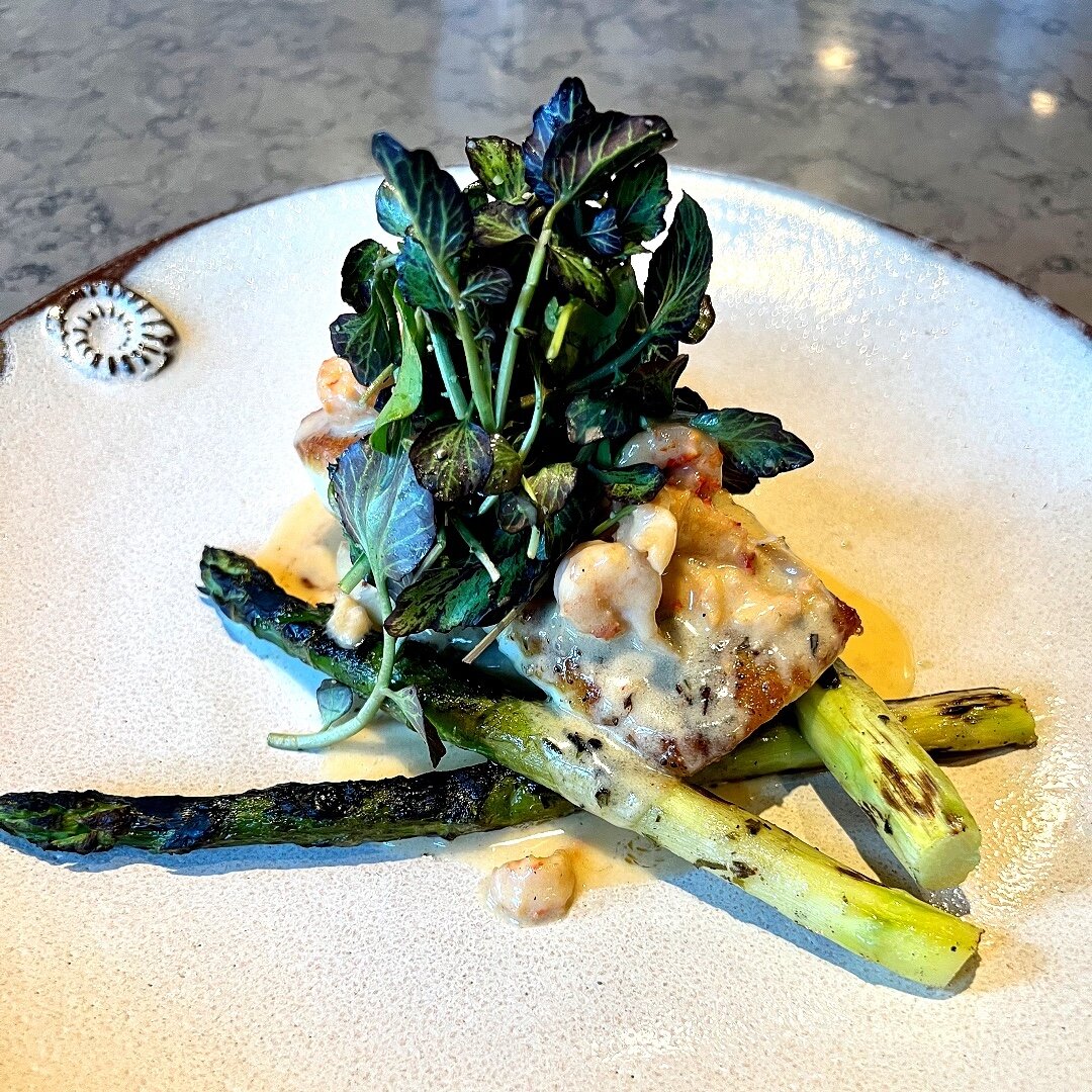 Savory Simple Grilled Fish with Jumbo Asparagus, Crawfish Tails, and Watercress. Join us this week -- secure your reservations online at resy.com.