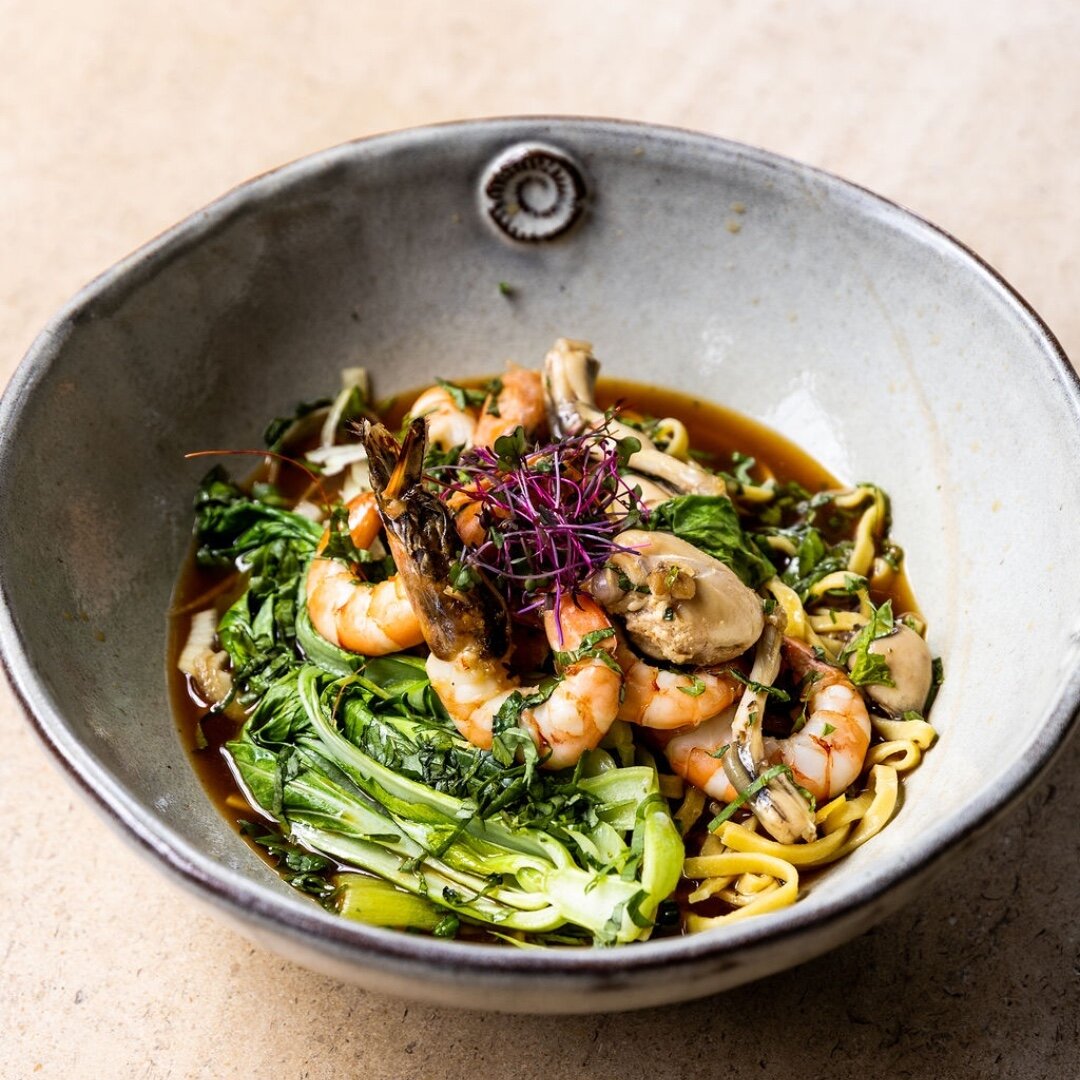 Hot &amp; Hot Noodle Bowl | Head-on Gulf Shrimp, Blue Crab, Mussels, Bok Choy, Onion, Mushrooms, Quail Egg, Radish, and Pork Broth.