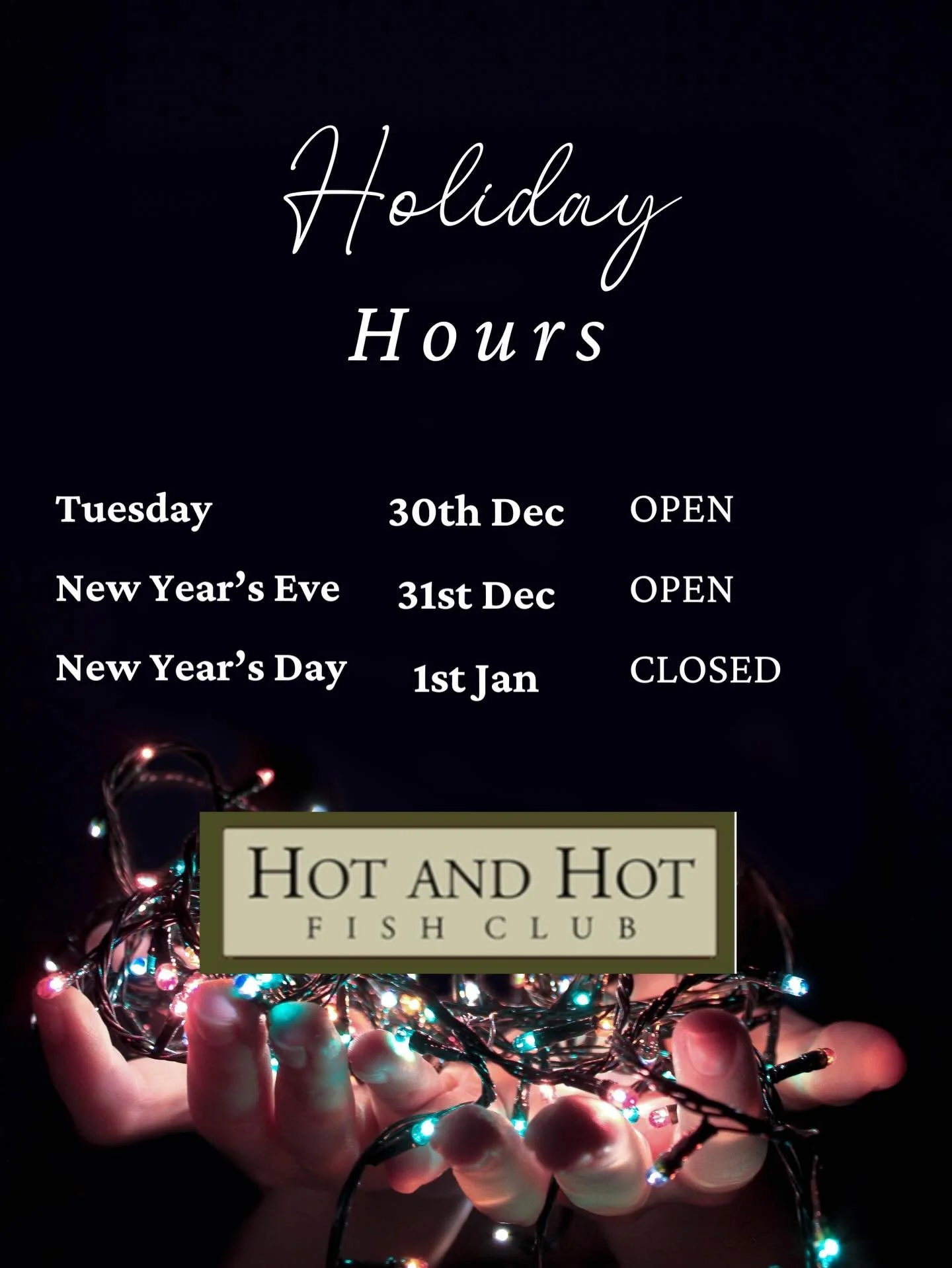 As the lights glow and the year winds down, we&rsquo;re grateful for every table shared.
Join us December 30th and New Year&rsquo;s Eve.
We&rsquo;ll be closed January 1st to rest and reset for the year ahead.
#hotandhotfishclub #newyearshours #newyea