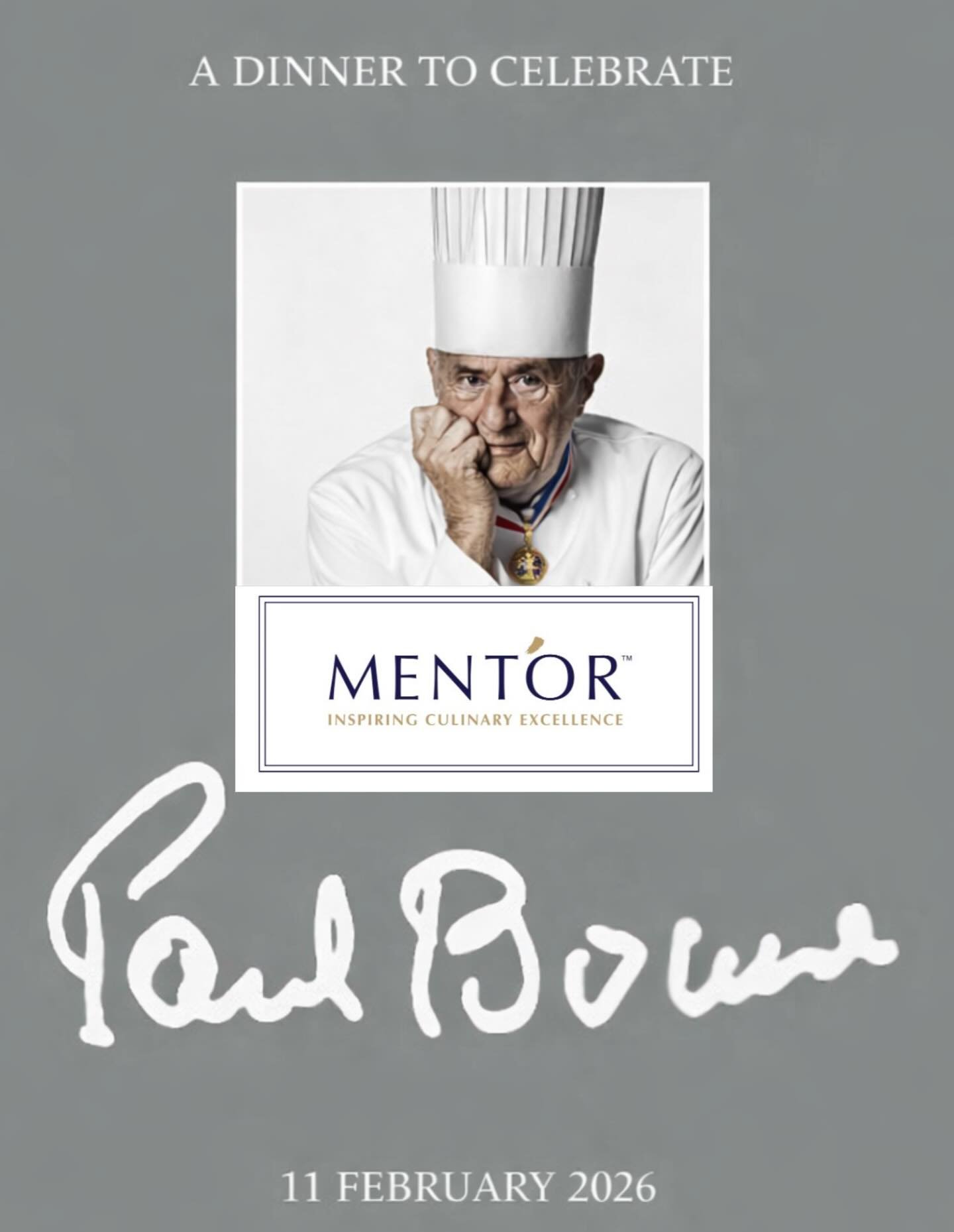 Wednesday, February 11 | 6:00 PM CST
Join us for an intimate evening honoring Chef Paul Bocuse on his 100th birthday with a five-course tasting menu.

Proceeds benefit the @mentorbkb, supporting the next generation of chefs through education and ment