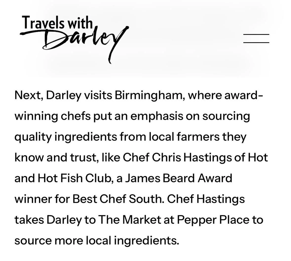 Honored to be included in Travels with Darley as Birmingham&rsquo;s food story was highlighted. Celebrating local farmers, trusted relationships, and thoughtful sourcing&mdash;this is what drives our kitchen every day. @darleynewman @alpublictv @pbs 
