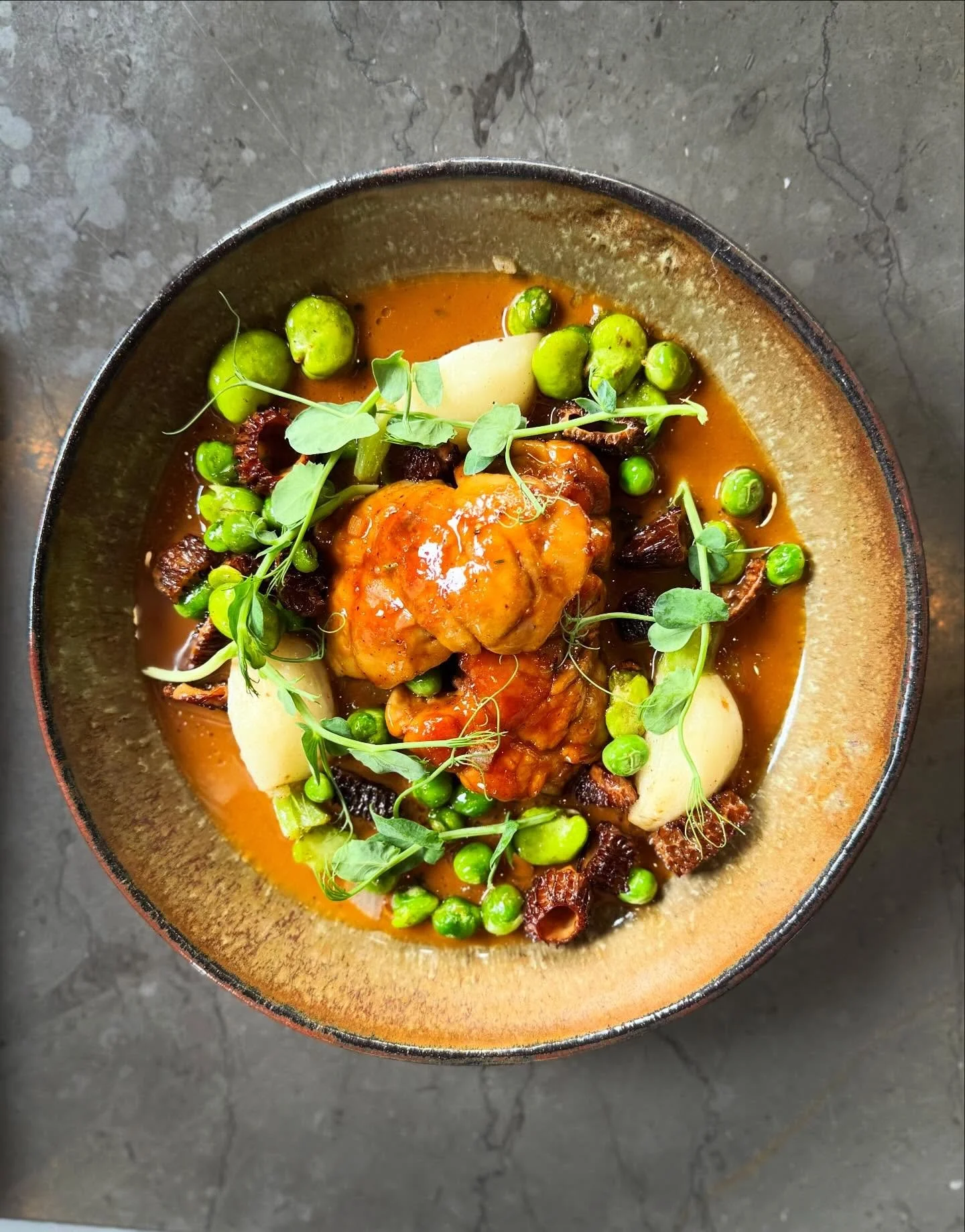 Spring on a plate.
Veal sweetbreads, glazed and nestled into a morel cream with @snowsbendfarm baby turnips, fava, and English peas. Earthy, bright, and just rich enough&mdash;everything we love about the season in one dish. 

#hotandhotfishclub #spr