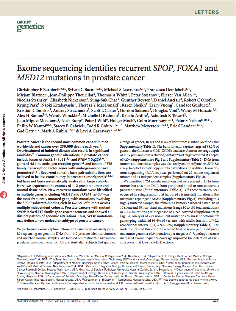 Exome sequencing identifies recurrent SPOP, FOXA1 and MED12 mutations in prostate cancer.
