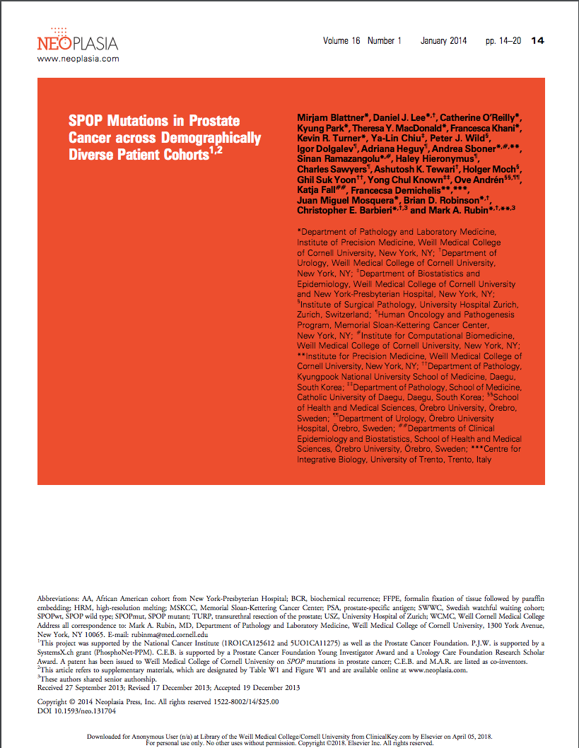 SPOP mutations in prostate cancer across demographically diverse patient cohorts.