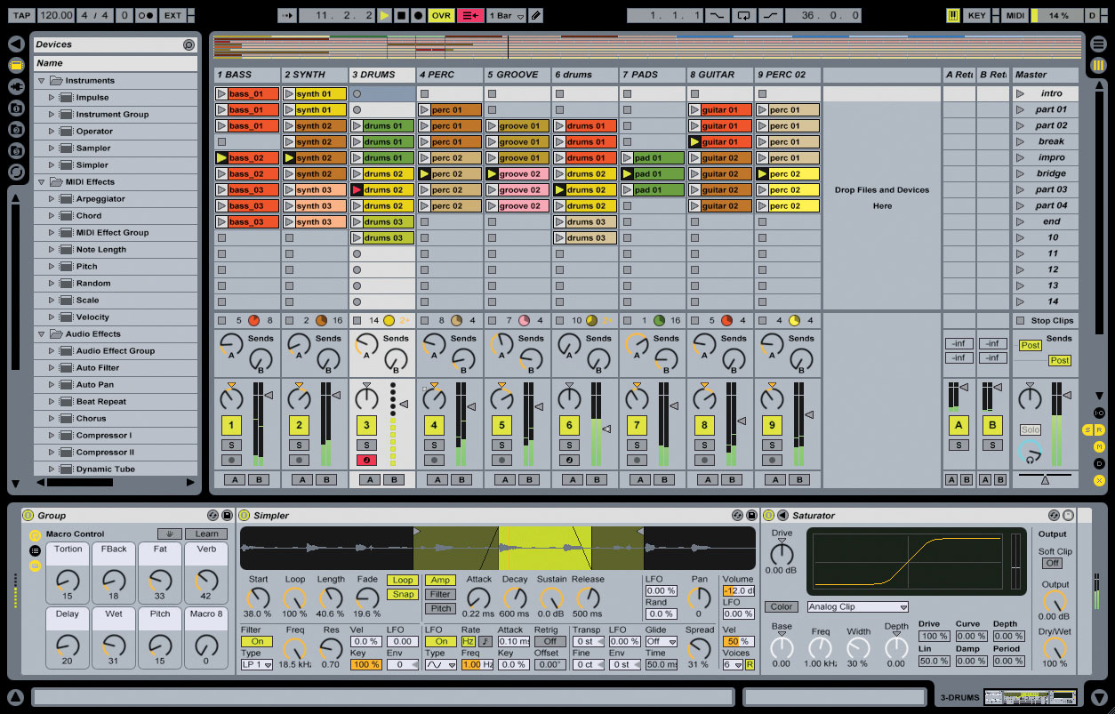 Creating a song in Ableton Live, a digital audio workstation.