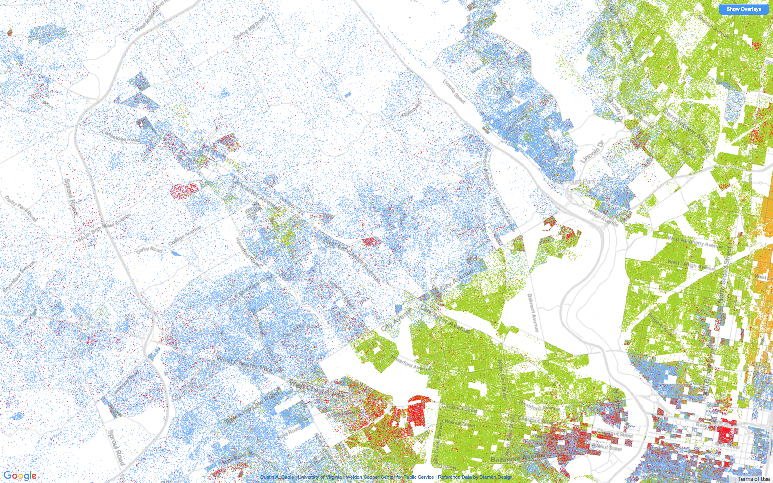 A map illustrating the segregation of greater Philadelphia. Each blue dot is a while person, each green dot a black person.
