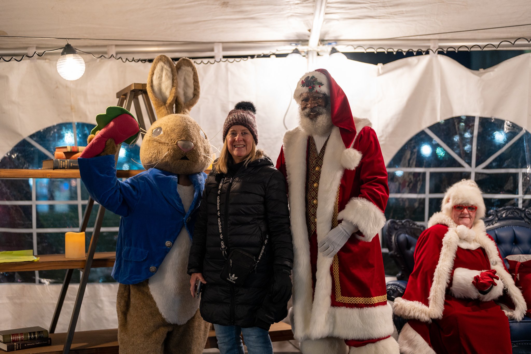 Santa and Peter Rabbit outside of the Detroit Public Library