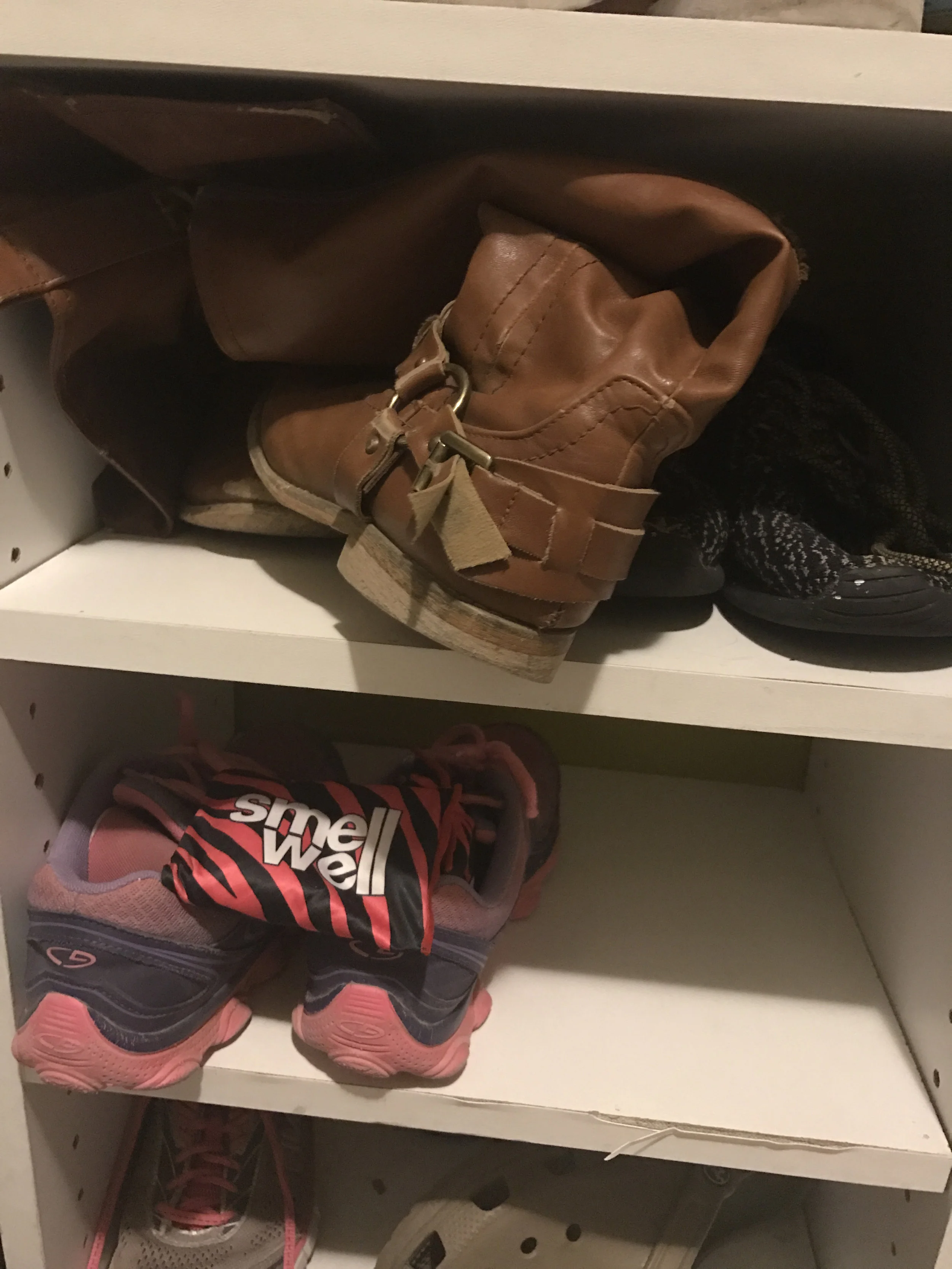 I snuck a few of these magical beanbags into my kids shoe cubbies. Disregard the disrepair of the shelves.... this is why we can't have nice things.... 