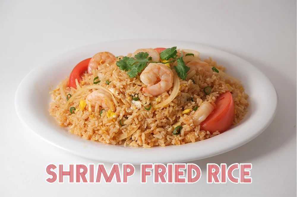   shrimp, eggs, tomatoes, onions, green onions.  