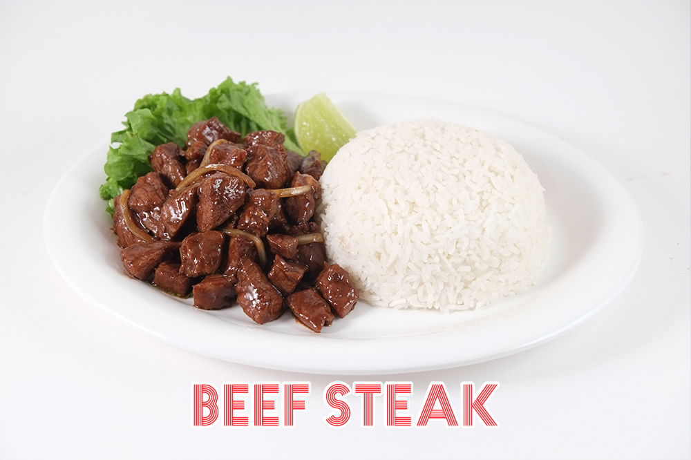   diced beef steak cubes, garlic, onions, sauce.  