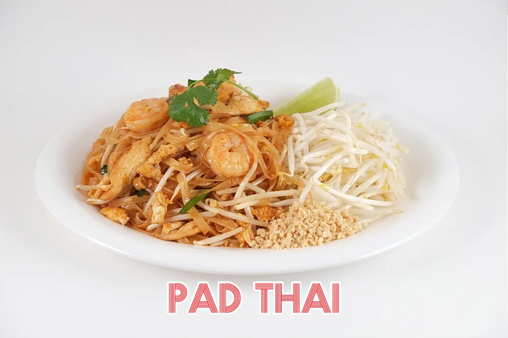   shrimp, chicken, rice stick noodles, eggs, bean sprouts, chives, crushed peanuts.  