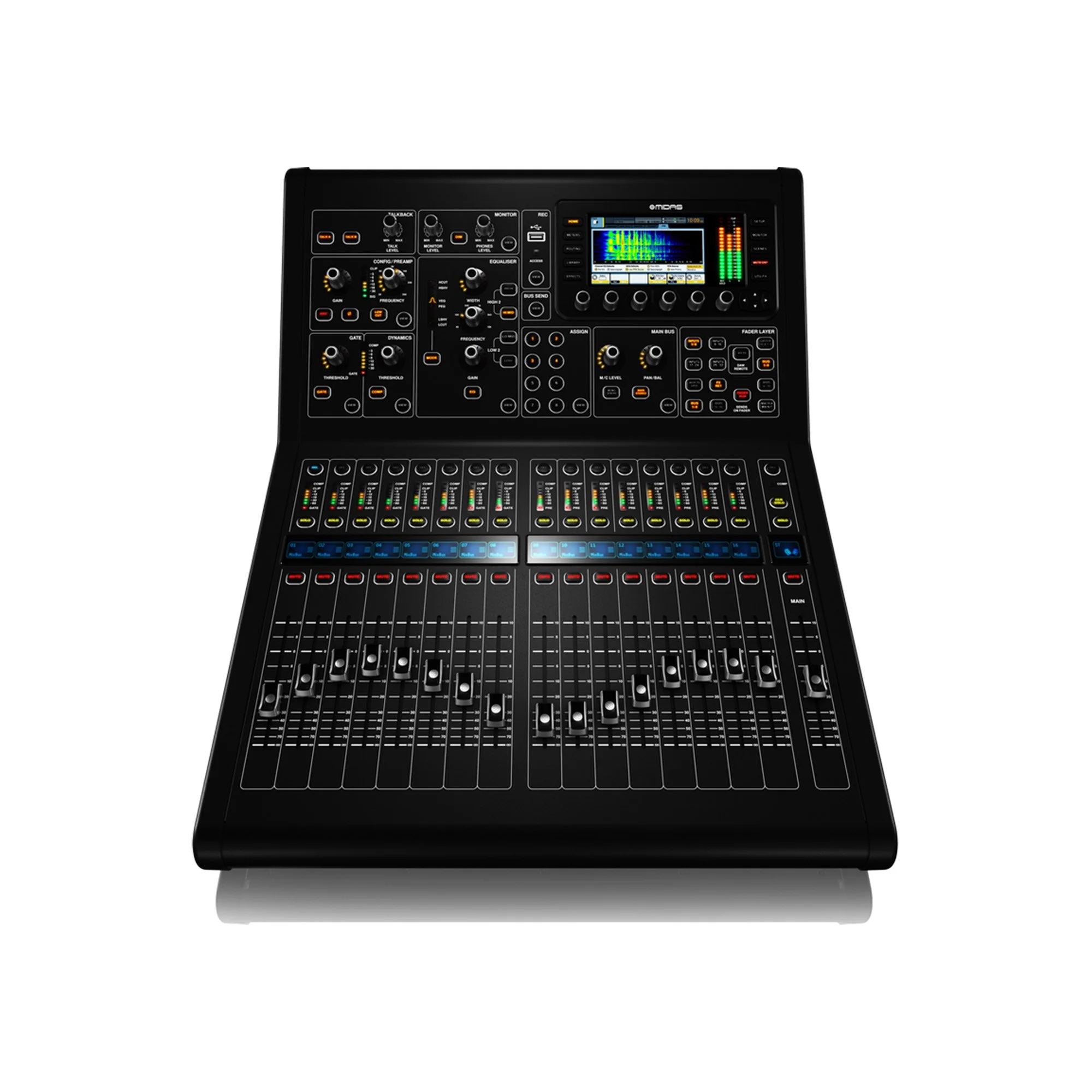 Top view of the Midas M32R digital mixer showing its full range of controls, color screen, and faders for precision mixing.