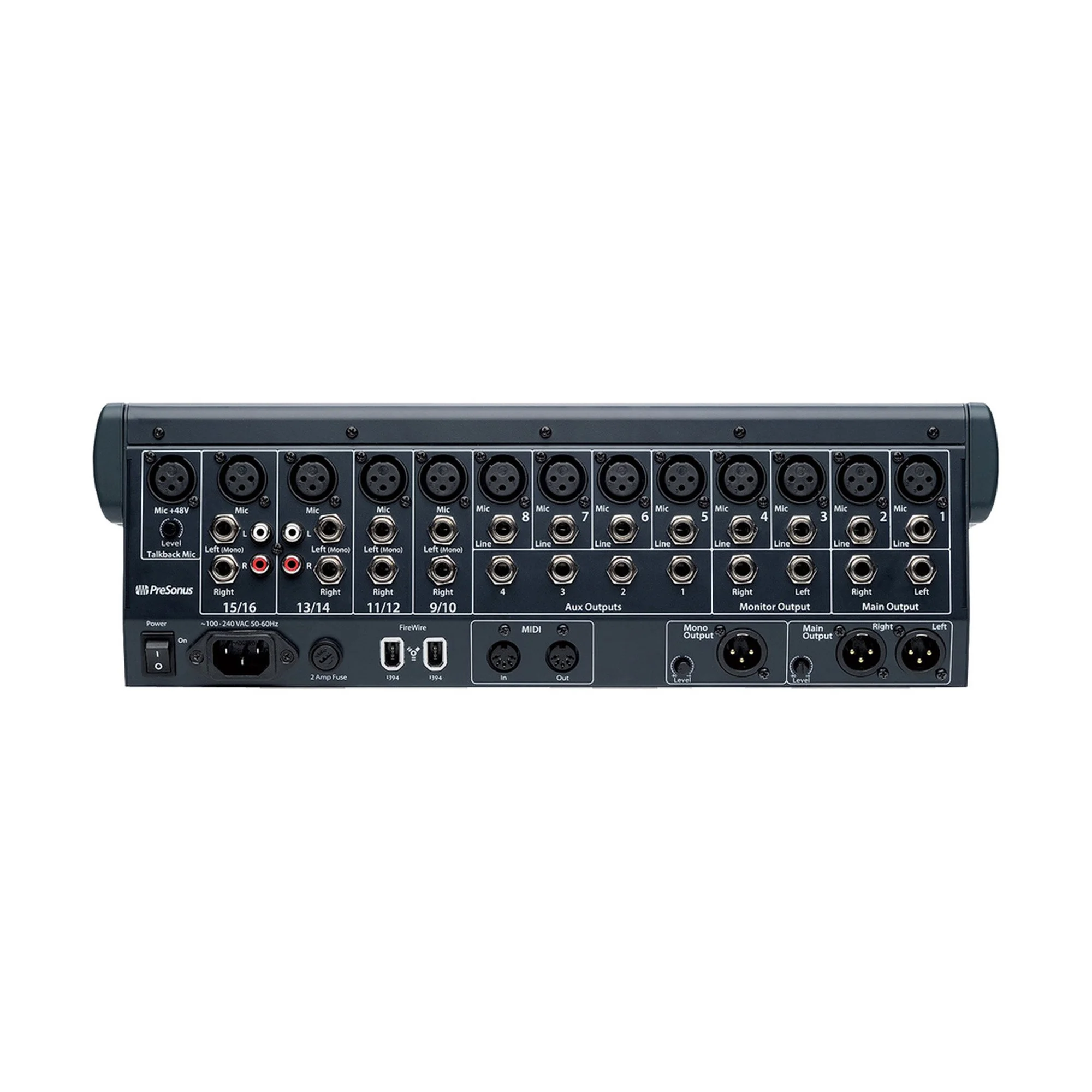 Rear view of a PreSonus StudioLive 16.0.2 digital mixer showing multiple XLR inputs, auxiliary outputs, MIDI I/O, and main out connections, suitable for various live audio setups.
