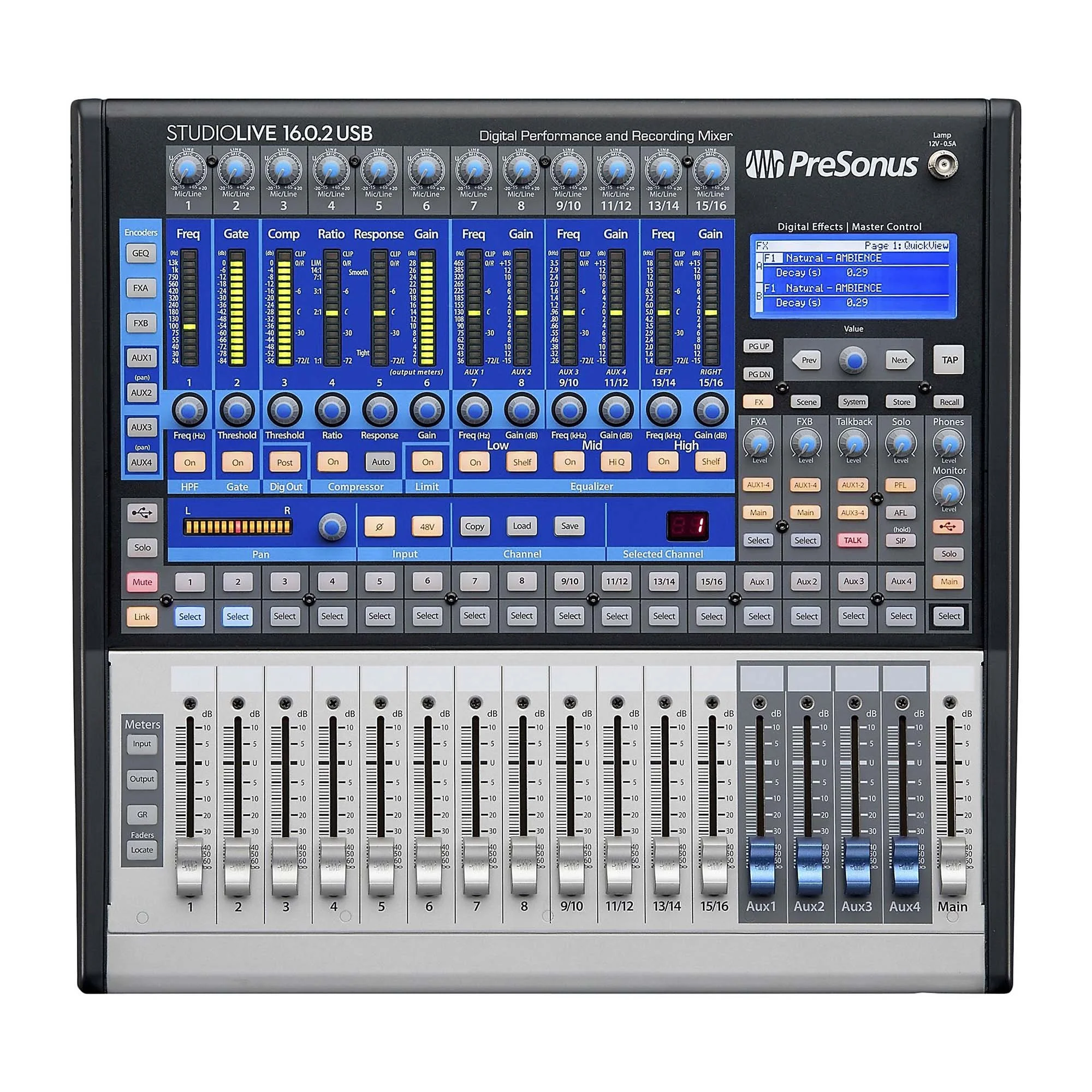 Top view of a PreSonus StudioLive 16.0.2 digital mixer, featuring sliders, knobs, and digital displays for EQ, gating, compression, and mixing, ideal for live performances and studio recording.