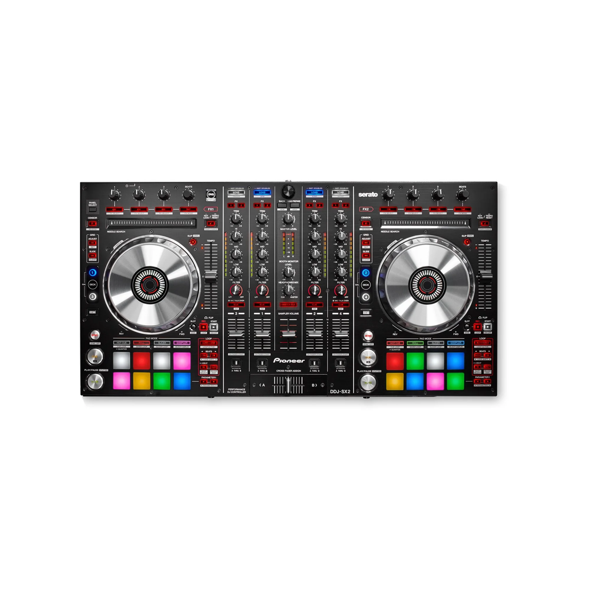 The front view displays the Pioneer DDJ-SX's sleek design, featuring large aluminum jog wheels and an array of control options.