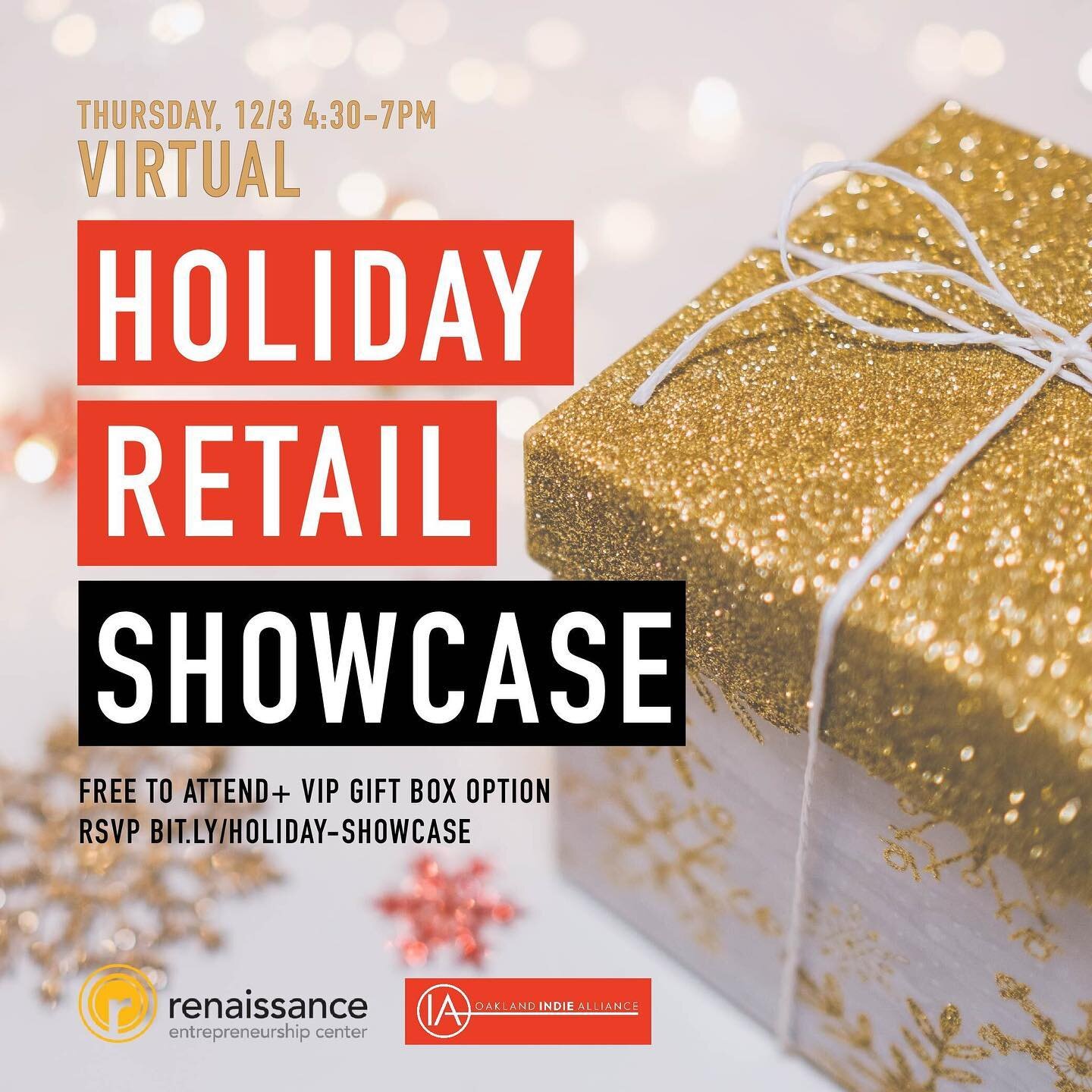 Virtual Holiday Retail Showcase this Thursday 12/3 from 4:30&ndash;7pm hosted by @rencenter and @oakindies 🎁 Get your free RSVP *or* VIP (includes a gift box) tickets in our linktree 🎄 Shop small and #KeepItOakland this holiday season ✌🏾
.
.
.
#Ho