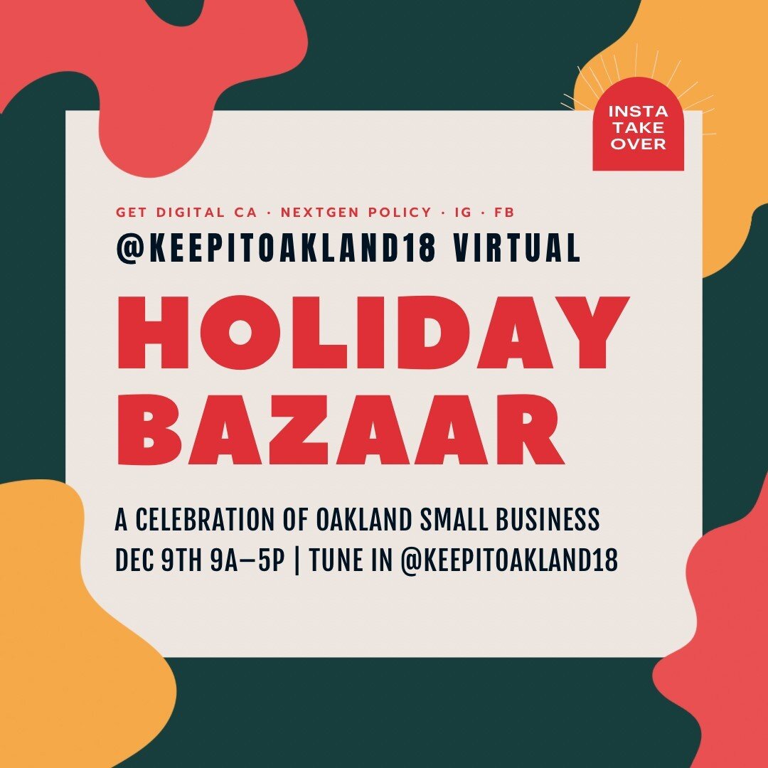 Keep It Oakland and NextGen Policy, with CalOSBA, Instagram and Facebook, present a Digital Pop-Up Festival on IG handle @keepitoakland18, featuring 16 small businesses from Oakland. Tune in on IG from 9AM &ndash; 5PM, every half-hour!⠀⠀⠀⠀⠀⠀⠀⠀⠀
.⠀⠀⠀⠀