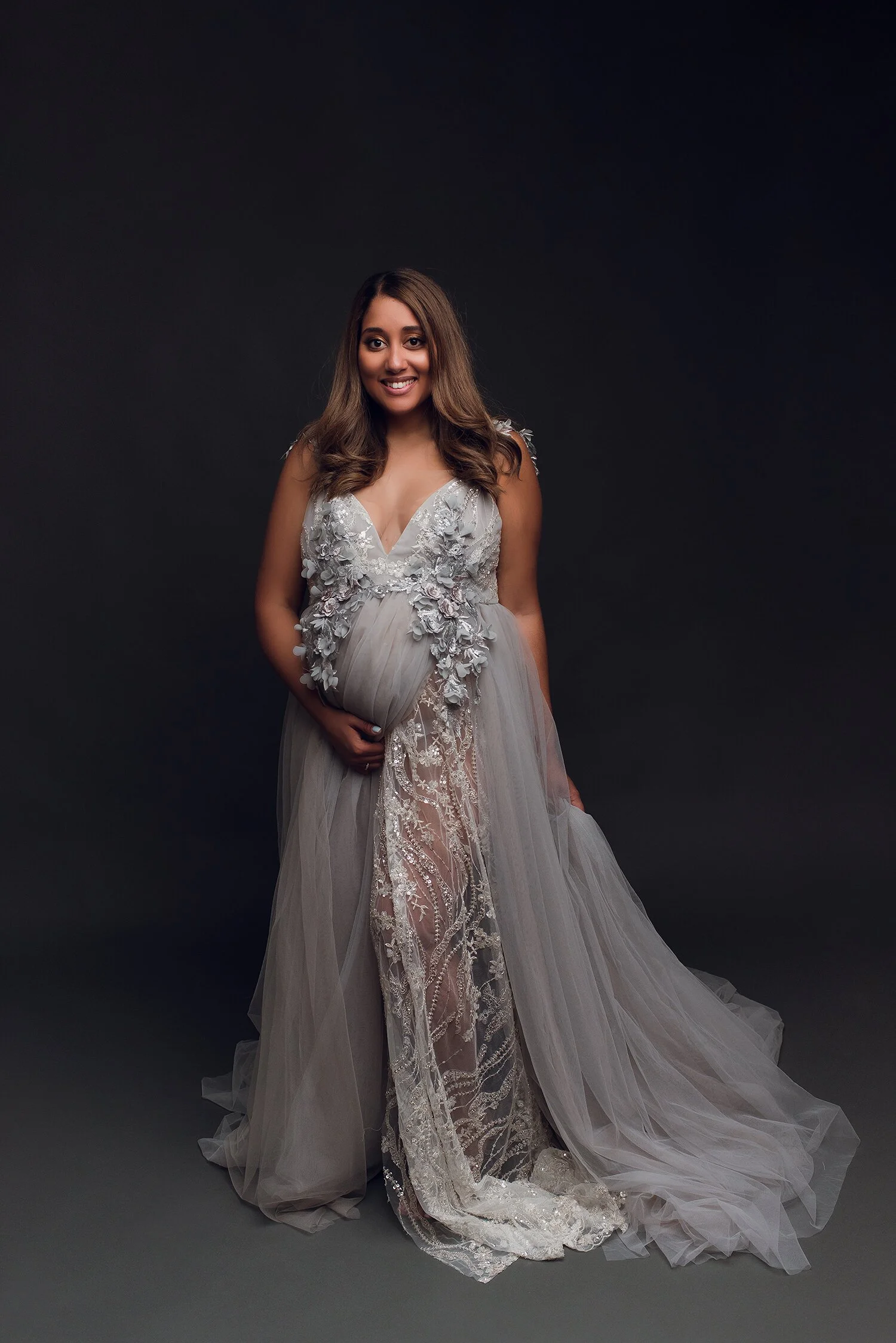 Gray Tulle Dress with Florals and Jewels