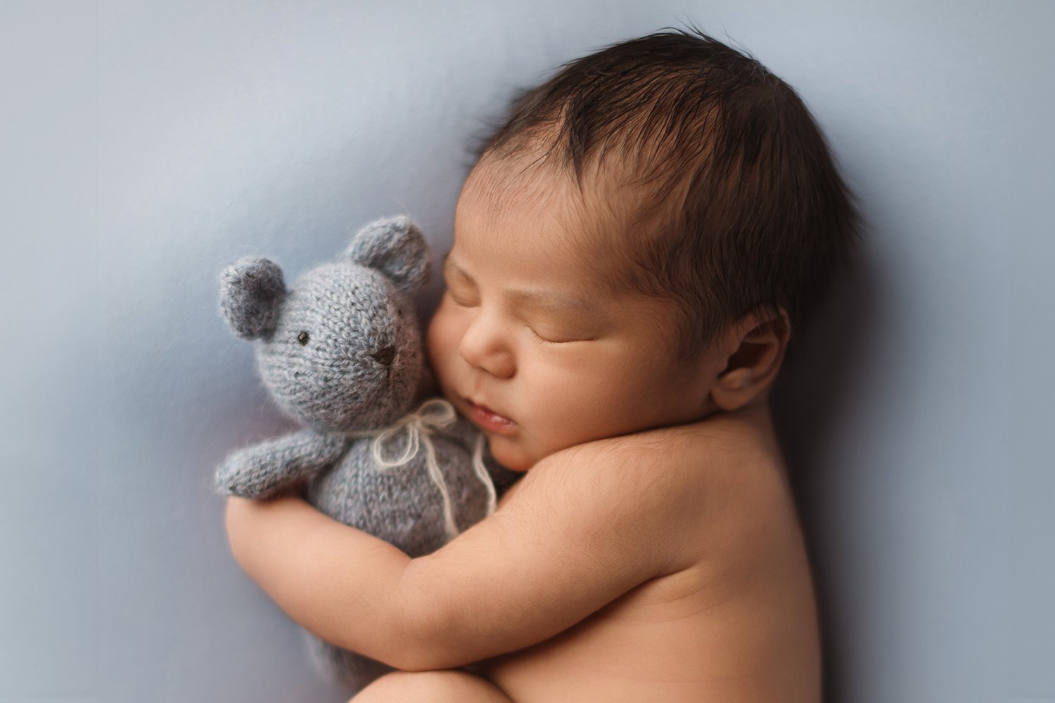 Sleeping newborn baby cuddling a gray teddy bear during a studio newborn photography session