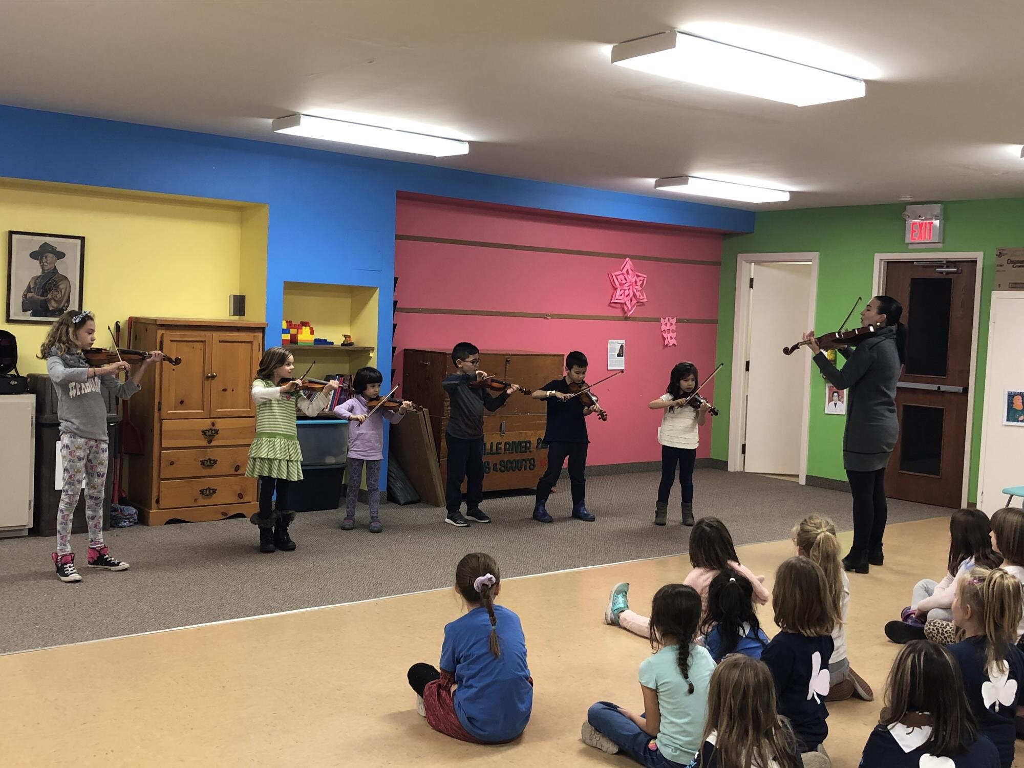 A small group of WSA beginner students performing for Girl Guides, November 2019
