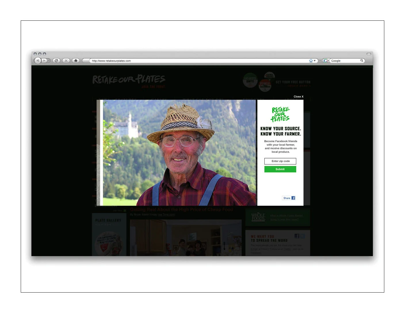 RetakeOurPlates microsite know your source. (become Facebook friends with local farmers, get updates and discounts on local produce)