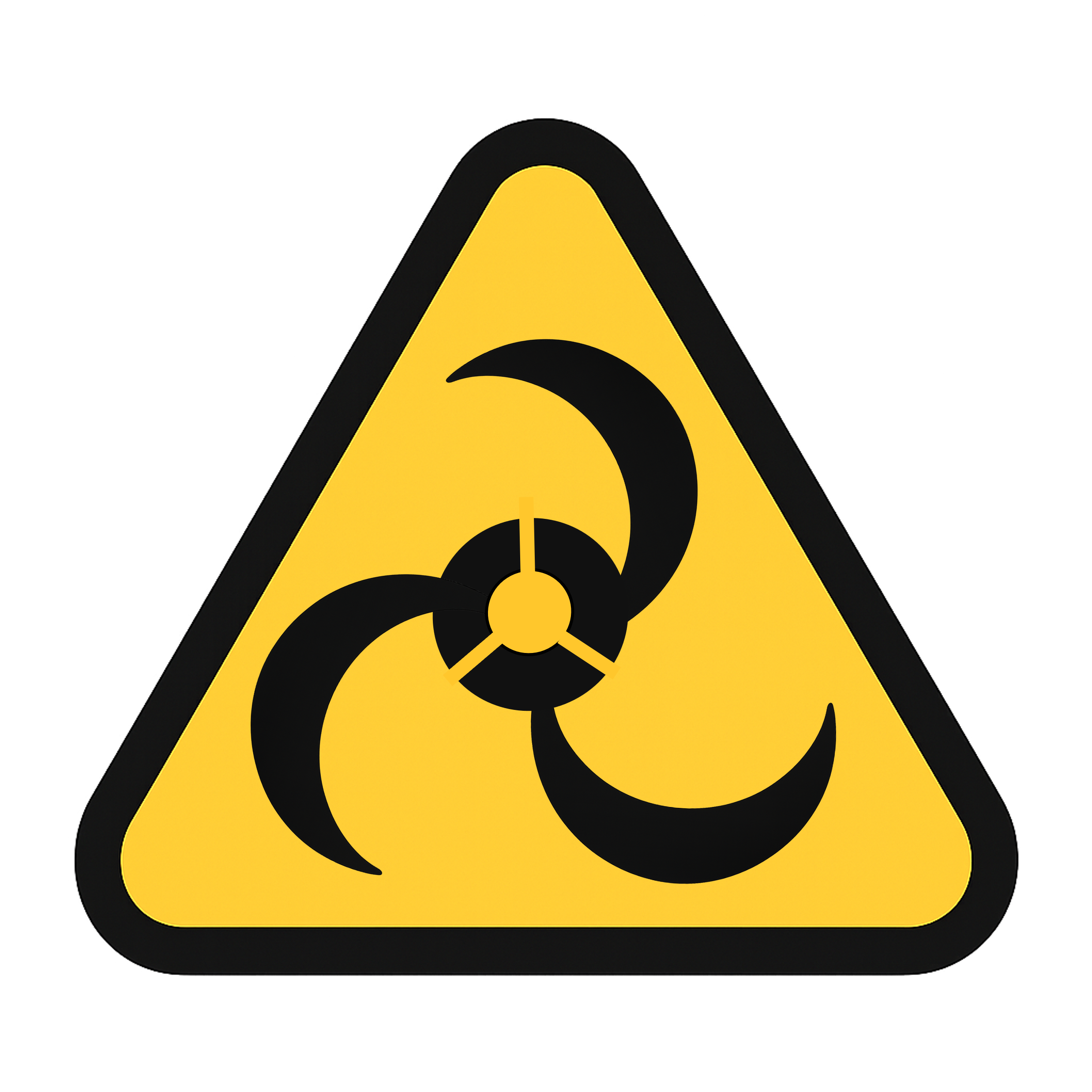 Design for a mirror life biohazard symbol. A yellow warning triangle with black outline. Inside the triangle is a black circle with three spiral arms.
