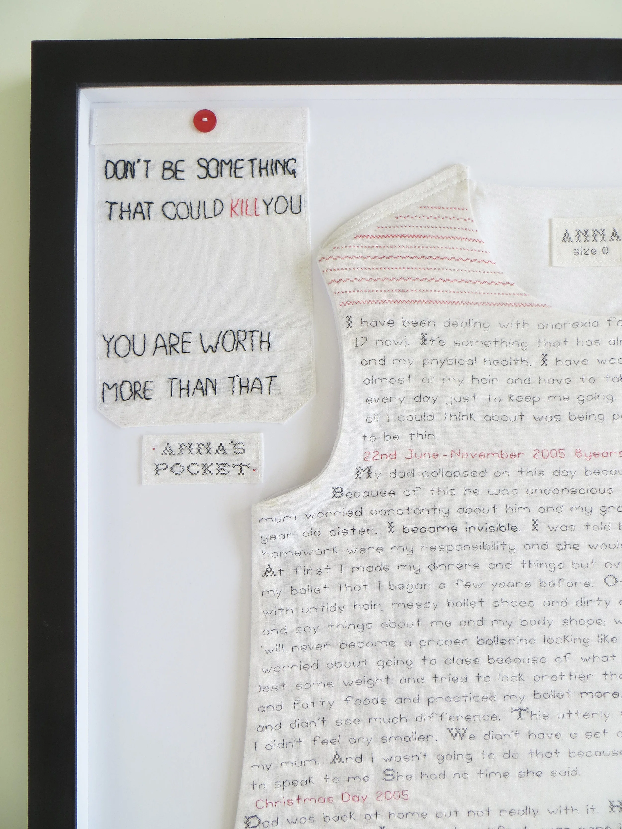 Anna stitched her own words onto the pocket