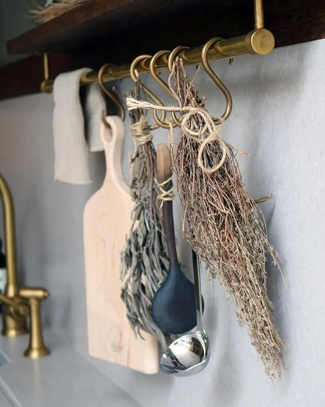 Under the shelf I thought the old brass hanging rail would be incredibly useful and again another design feature. Great for holding chopping boards, tea cloth, utensils and drying herbs.
.
.
.
.
Meanwhile I&rsquo;m slowly but surely making my way thr