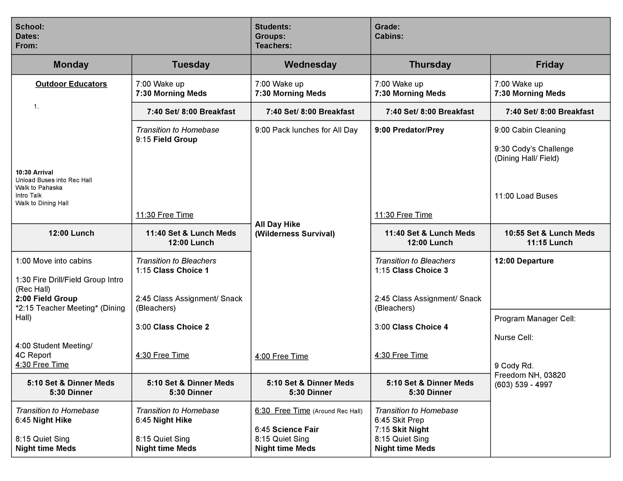 Sample Schedule — Cody Outdoor Classroom