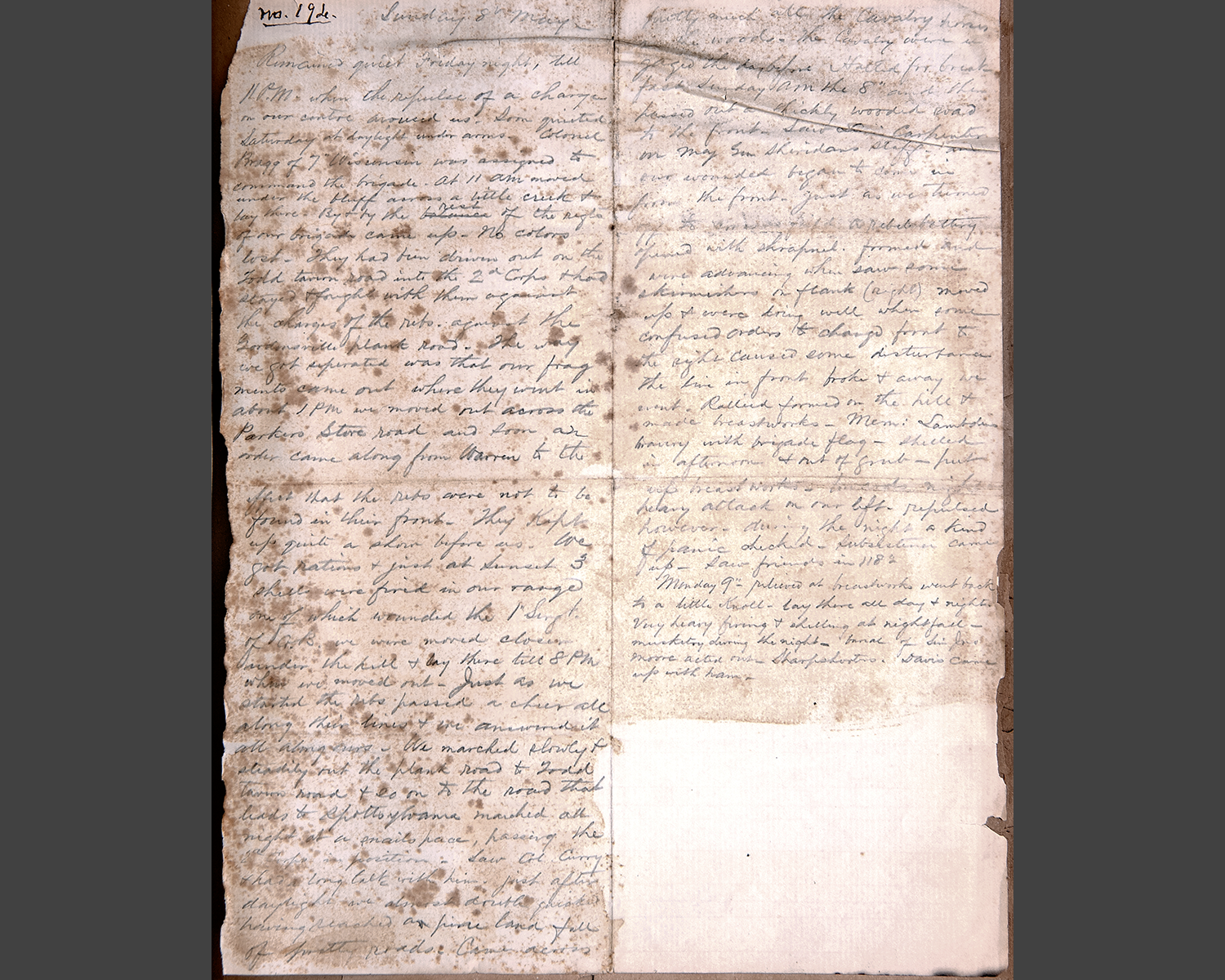 Captain Dorr’s last letter to his father, May 8 & 9, 1864. Courtesy of the Pescosolido Library Archives, The Governor's Academy. Photo by David Oxton.