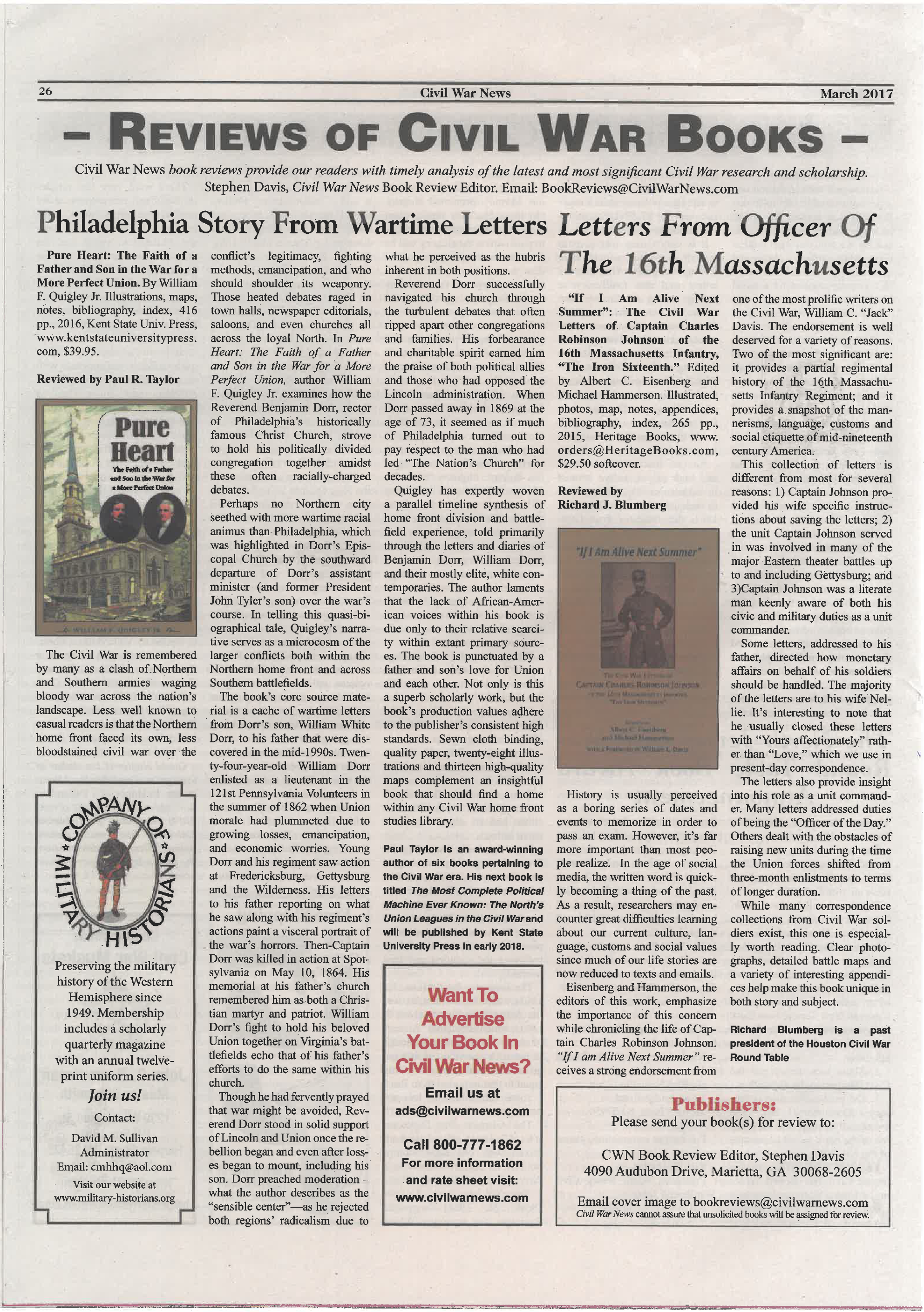 Read: PURE HEART reviewed in the March 2017 edition of the Civil War News . Click to read the full review.