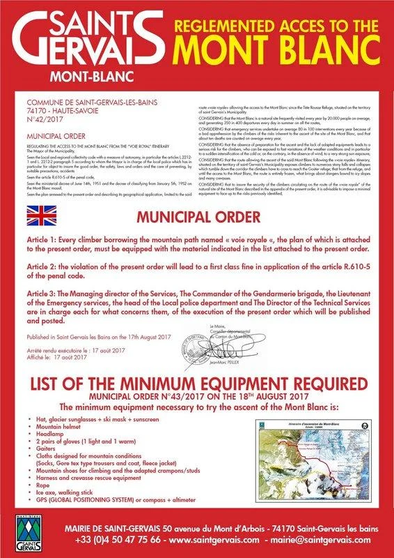 Aviso da prefeitura de Saint Gervais sobre a obrigação de ter equipamentos mínimos para escalar o Mont Blanc