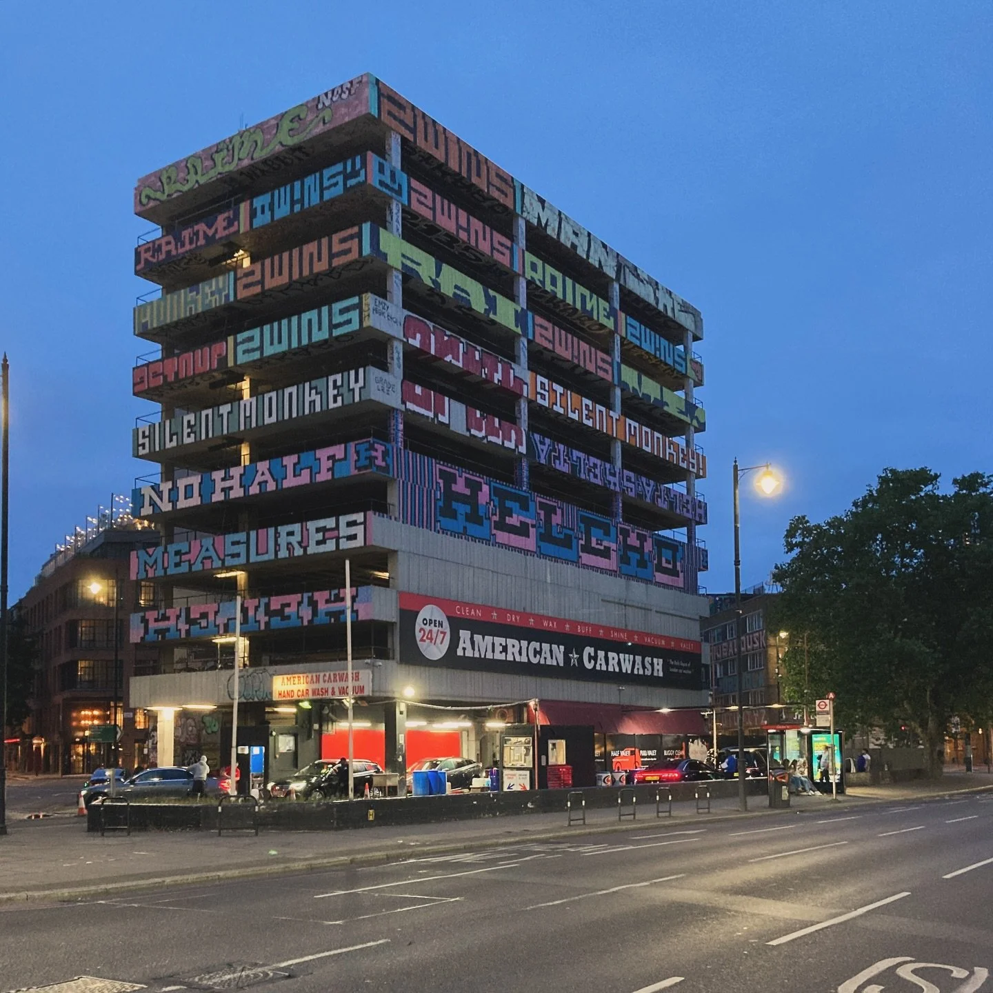 I love a parking garage. Something about the unadorned honesty of a building that is not a building really, it’s just a structure. No windows and cladding to spoil the thing. This one in East London somehow wants to be in downtown LA, but the p