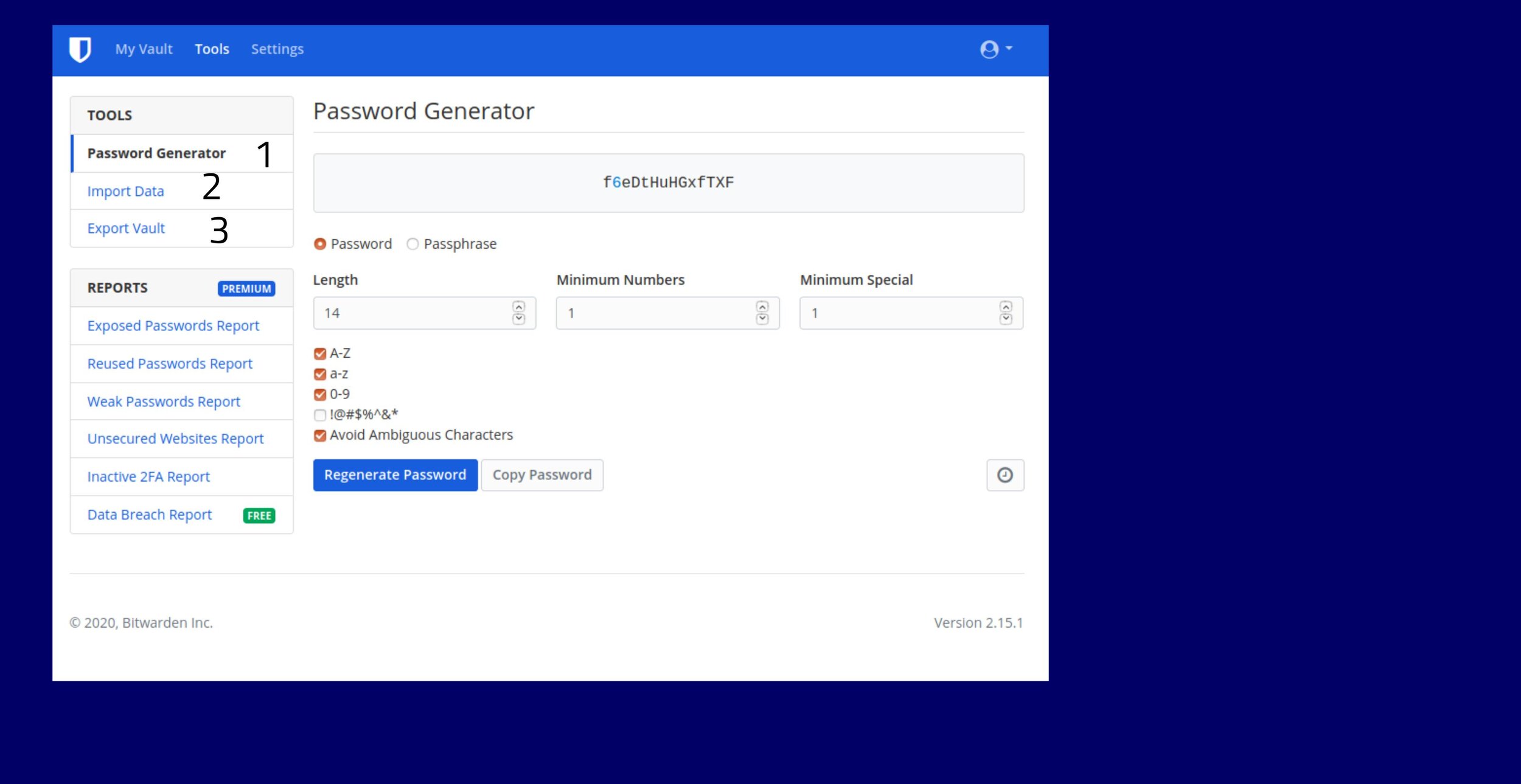  1- Password Generator: To make randomized strong passwords  2- Import a previous passwords database  3- Export Your data base to save a copy and/or share it with another person 