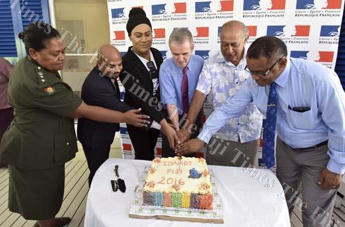 From left: Republic of Fiji Military Forces chief-of-staff Colonel Litea Seruiratu, Ashwin Raj, Sulique Waqa, French ambassador Michel Djokovic, former President of Fiji Ratu Epeli Nailatikau and Defence Minister Timoci Natuva during the IDAHOT celebration yesterday. Picture: RAMA