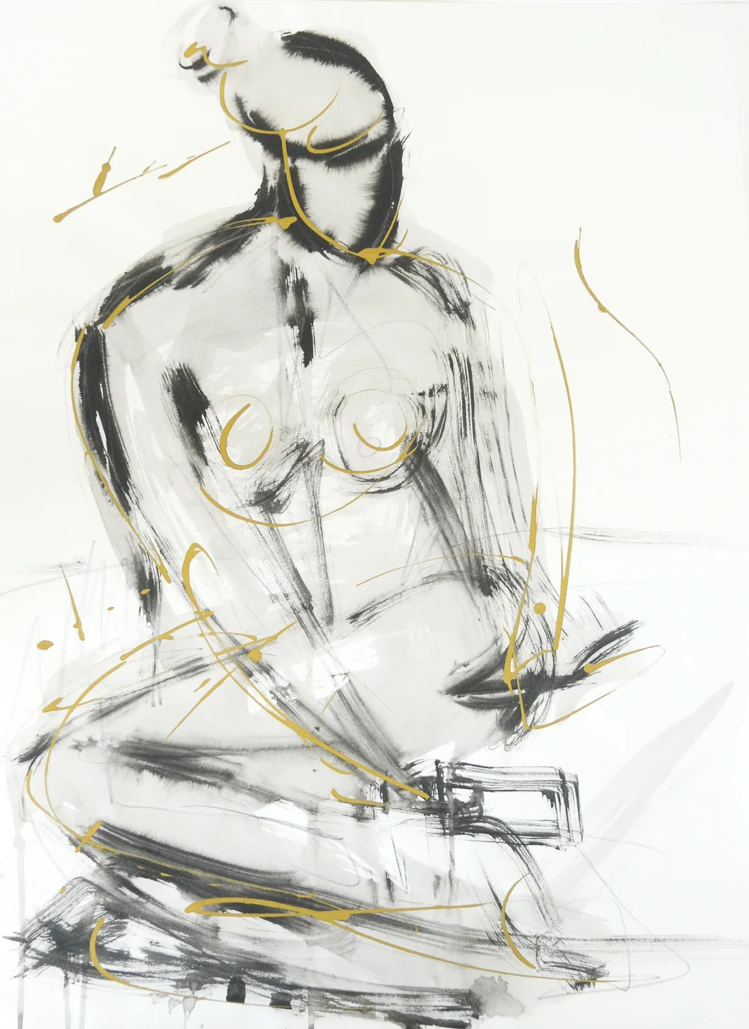 Figure In Black & Gold | Ink & Gold Acrylic on Paper | 18 x 24"